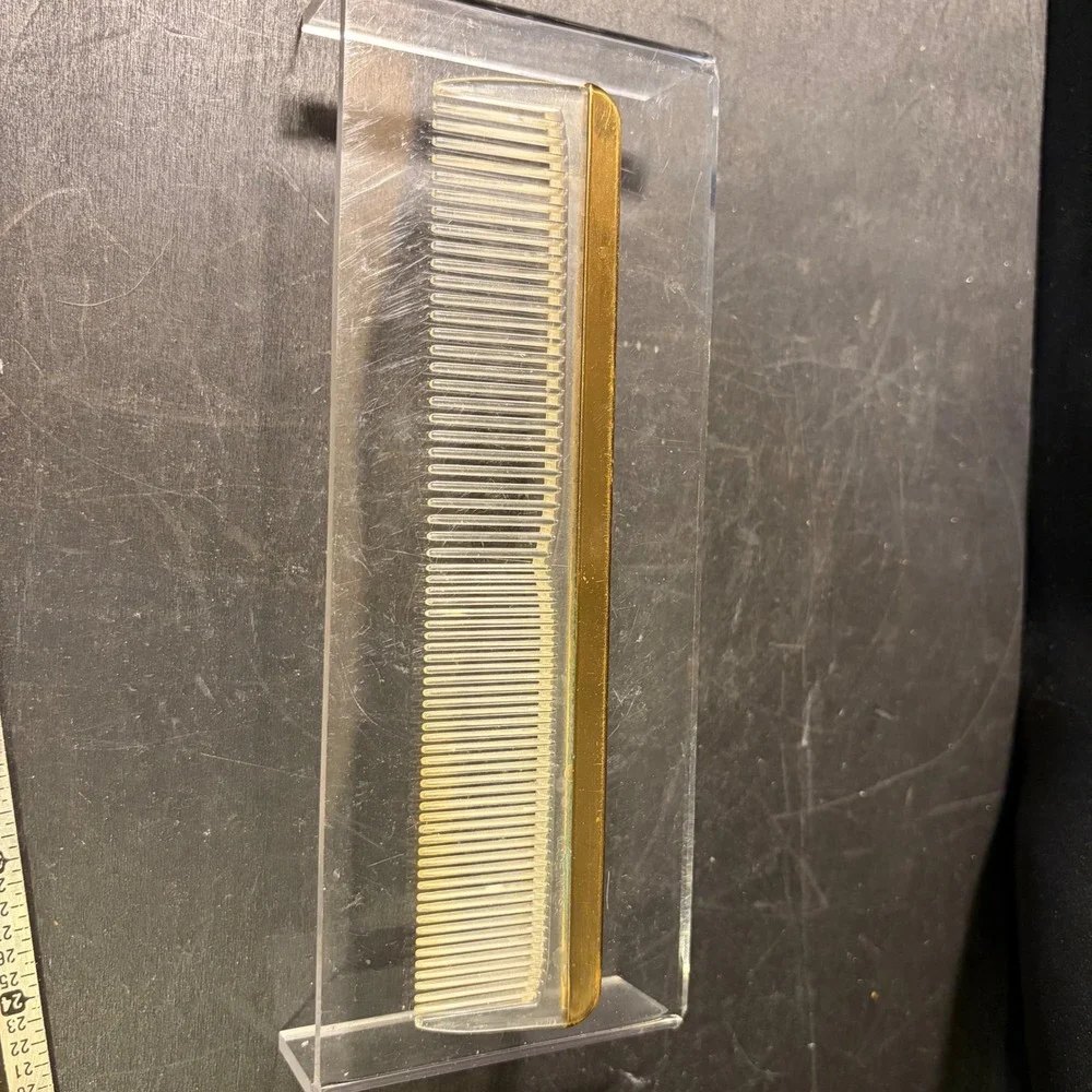 Vintage Lucite Hair Comb Gold Tone Metal Spine Clear Acrylic Made in USA 7 Inch